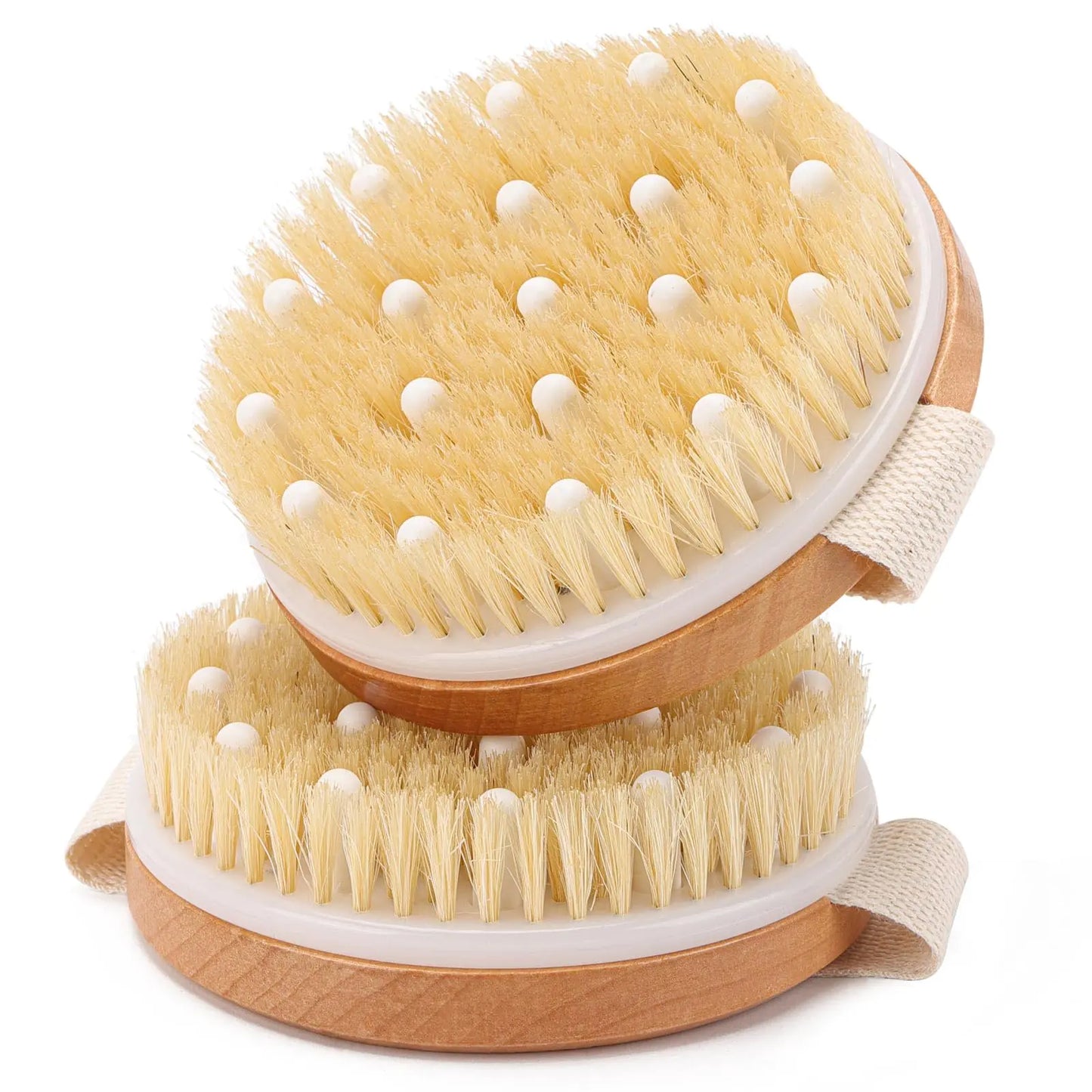 Dry Body Brush 2 Pack Round Massage Scrub Brush with Natural Boar Bristles for Exfoliating Dry Skin Lymphatic Drainage and Cellulite Treatment