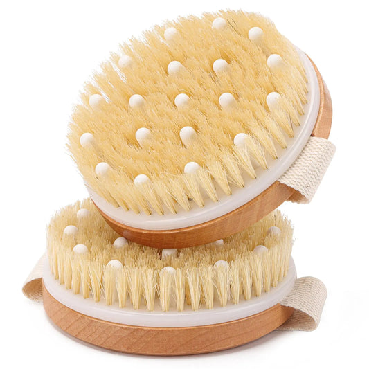 Dry Body Brush 2 Pack Round Massage Scrub Brush with Natural Boar Bristles for Exfoliating Dry Skin Lymphatic Drainage and Cellulite Treatment